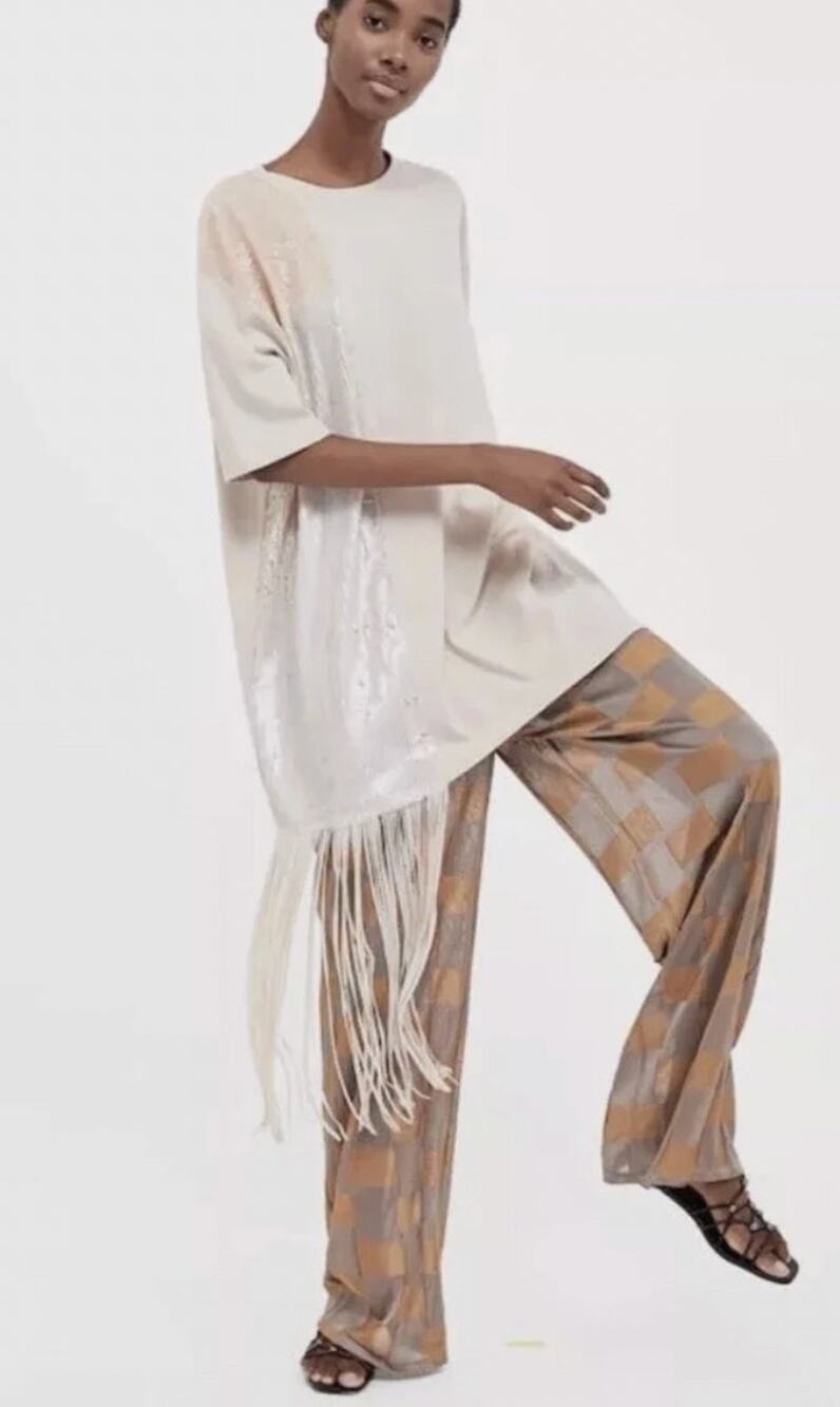 Zara Cream 100% Cotton Western Country Long Sequin Fringe Tee Shirt Top Blouse S